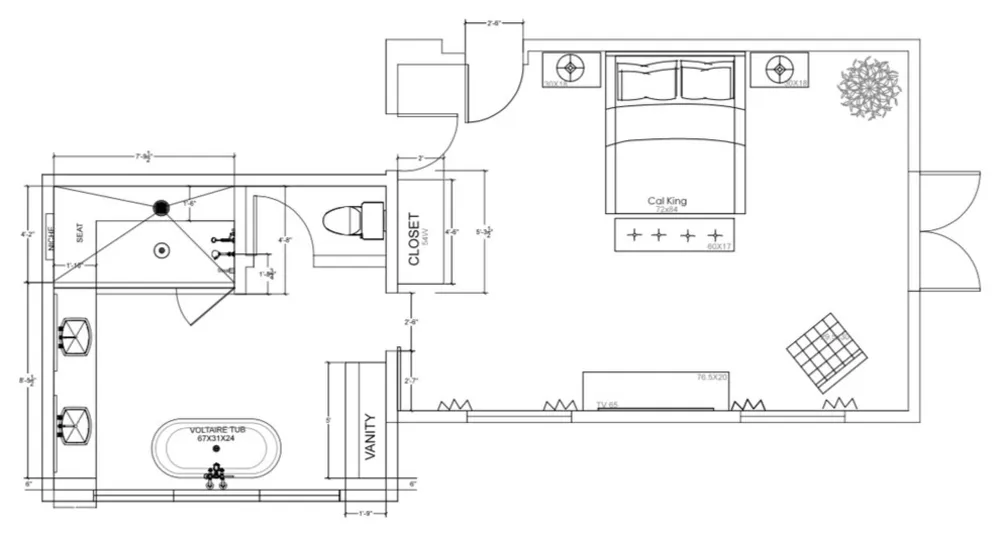Glam Black-and-White badkamer met uitzicht op de heuvels van Hollywood