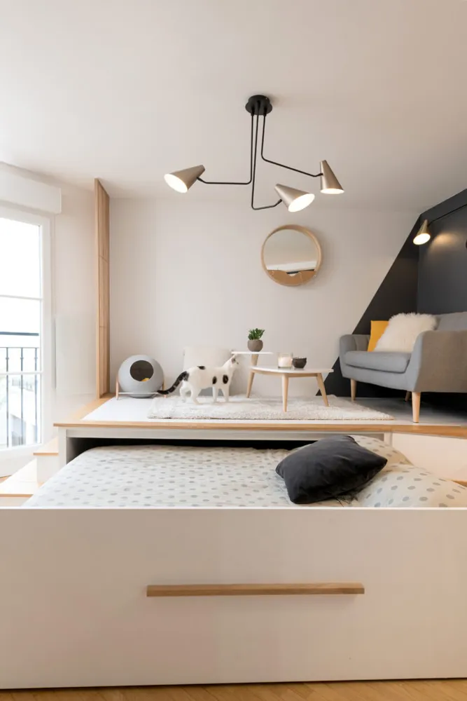 UN STUDIO COCOONING – Rénovation d’une petite surface/mobiliers sur-mesure