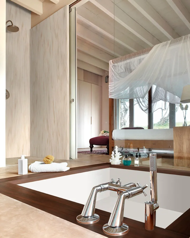 Solidny materiał Corian w kolorze Buk Nuwood (ściana prysznica) i Mahogany Nuwood